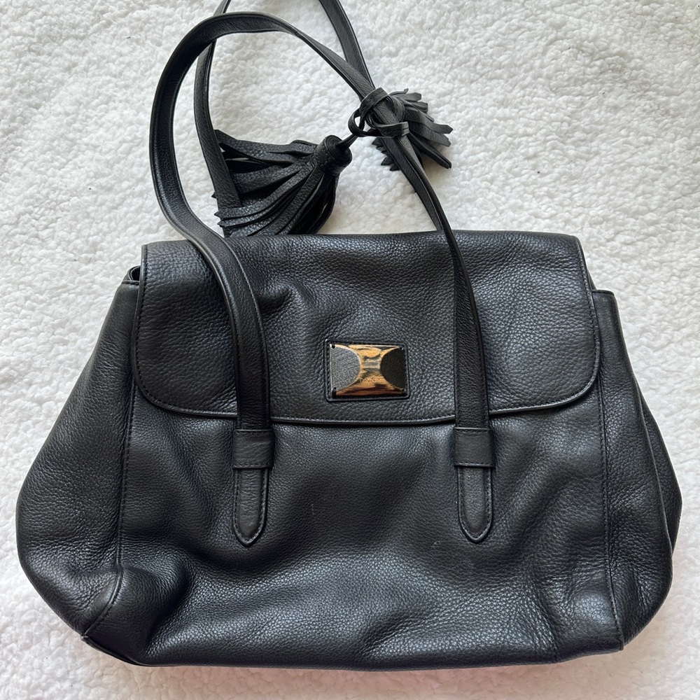 DKNY black large flap satchel genuine leather